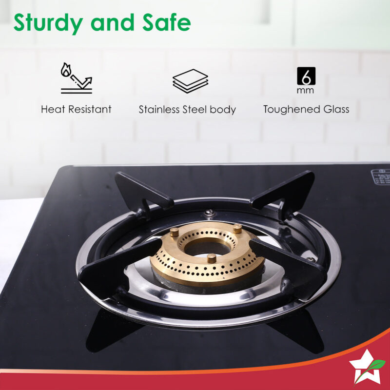 Galaxy 3 Burner Cooktop | 2 Medium, 1 Small Wide Spaced Burners | Highly Efficient Tri-pin Brass Burners | Precise Flame Control | BIS Approved 6mm Toughened Glass Top | 2 Year Warranty - Image 2