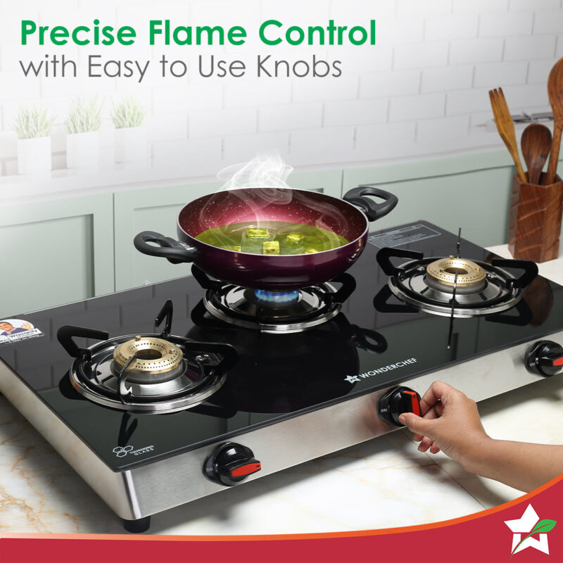 Galaxy 3 Burner Cooktop | 2 Medium, 1 Small Wide Spaced Burners | Highly Efficient Tri-pin Brass Burners | Precise Flame Control | BIS Approved 6mm Toughened Glass Top | 2 Year Warranty - Image 4