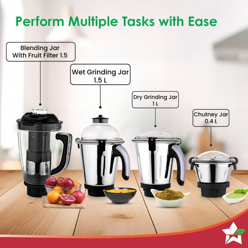 Galaxy Mixer Grinder 1000W | 100 Mins Non-Stop Grinding | 100% Copper Motor | Heavy Duty | Low Noise | Chutney Grinding, Dry Grinding, Wet Grinding, Juicing, Blending | 4 Jars | 2 Year Warranty - Image 4