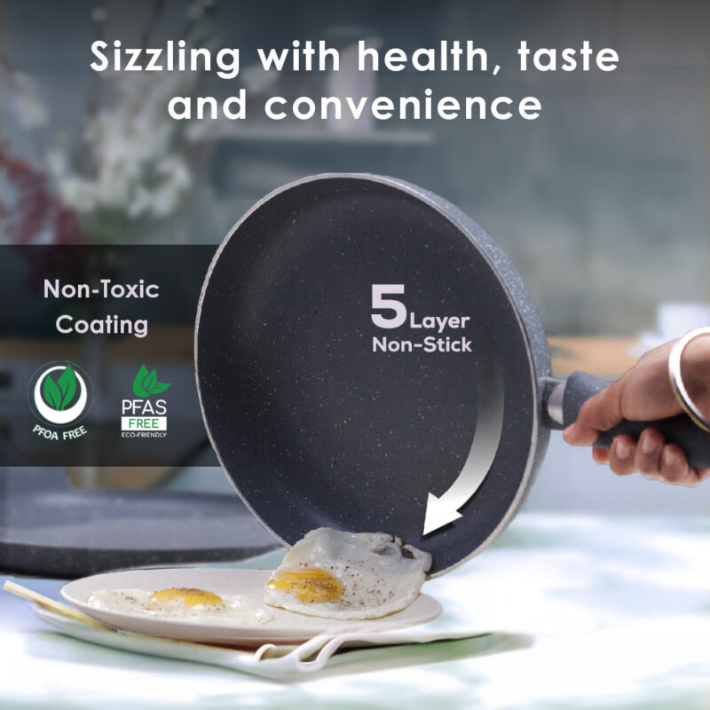 Granite Non Stick Fry Pan | Bakelite handles |Non – Toxic I Virgin Aluminium| 20 cms  | 1 liter | 2 Year Warranty | Grey | Omelette Pan - Image 2