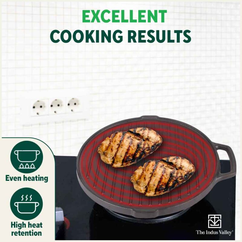 CASTrong Cast Iron 2-in-1 Griddle (Grill Pan + Tawa), Pre-seasoned, 100% Pure, Toxin-free, Induction, Round, 26cm, 2.1 Kg - Image 8
