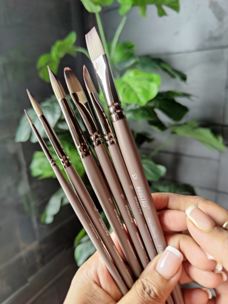 BRUSTRO VelveTouch Artist Brushes | Set of 6 | Gouache, Acrylics, Watercolor, and Oil Painting | Short Handle, Synthetic Bristles, Round, Filbert, Dagger, Flat Shape - Image 4