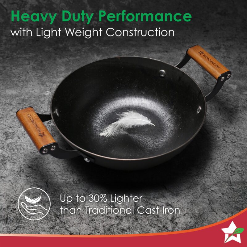 Pre-Seasoned Ferro Light 28cm Kadhai | 3.2L | Acacia Wooden Handles | Gravity Moulding Technology | No Chemical Coating |10 Year Warranty - Image 2