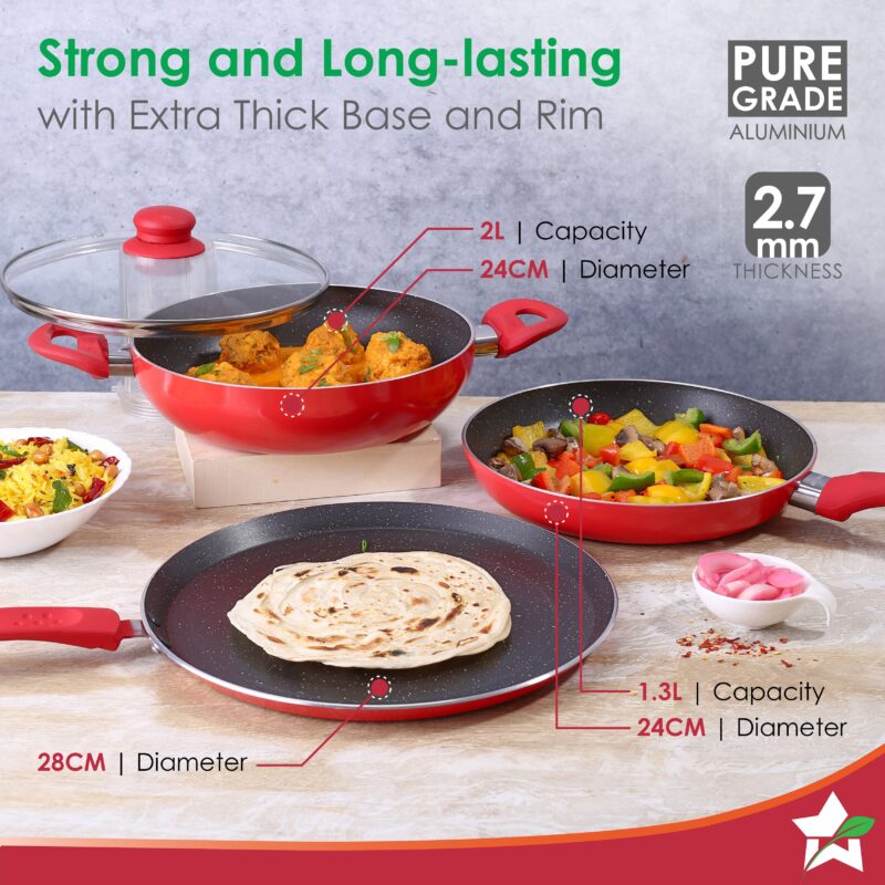 Milano Non-stick Cookware 4 Pc Set | Dosa Tawa, Fry Pan, Kadhai for cutlets, curries, dosas | PFOA Free | Virgin Aluminium | Energy Efficient | Dishwasher Safe | 2-year Warranty | Red&Black - Image 2