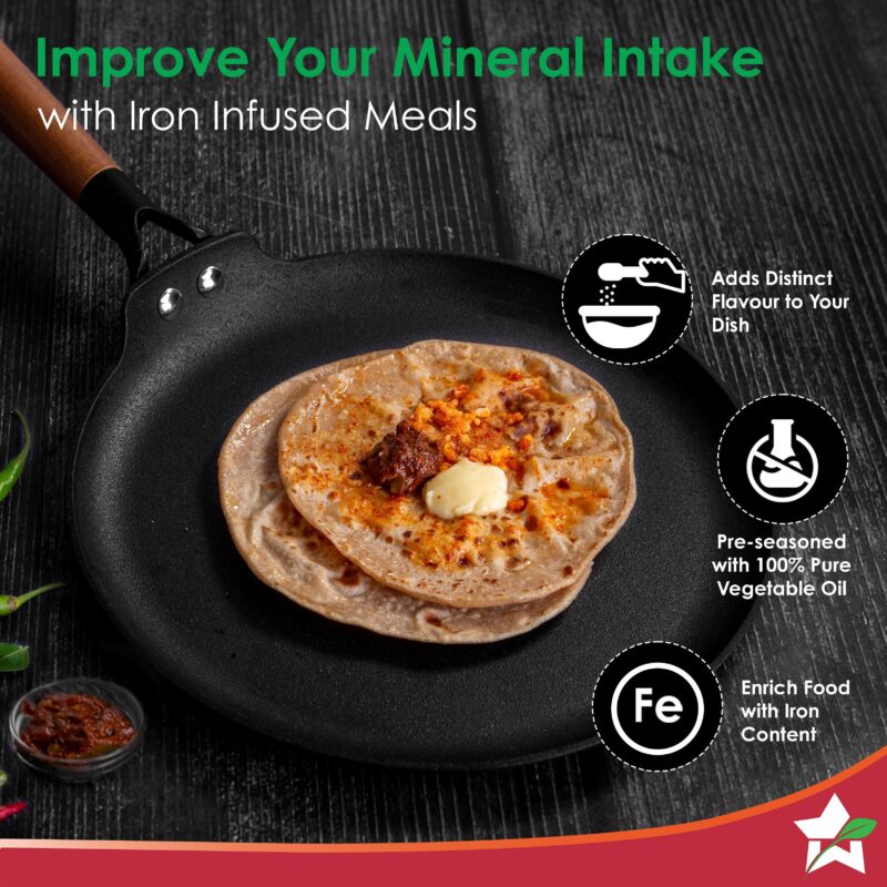 Pre-Seasoned Ferro Light 28cm Dosa Tawa | 4MM | Acacia Wooden Handles | Gravity Moulding Technology | No Chemical Coating |10 Year Warranty - Image 3