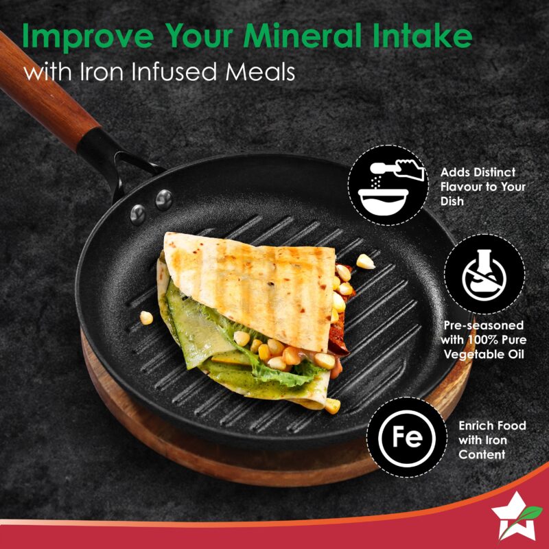 Pre-Seasoned Ferro Light 24cm Grill Pan| 2.5MM | Acacia Wooden Handles | Gravity Moulding Technology | No Chemical Coating |10 Year Warranty - Image 3