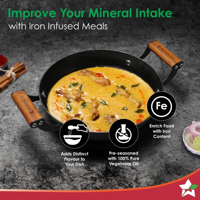 Pre-Seasoned Ferro Light 28cm Kadhai | 3.2L | Acacia Wooden Handles | Gravity Moulding Technology | No Chemical Coating |10 Year Warranty - Image 3