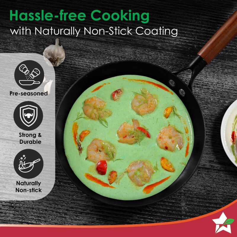 Pre-Seasoned Ferro Light 20cm Cast Iron Fry Pan | 800 ml | Acacia Wooden Handles | Gravity Moulding Technology | No Chemical Coating | 10 Year Warranty - Image 4