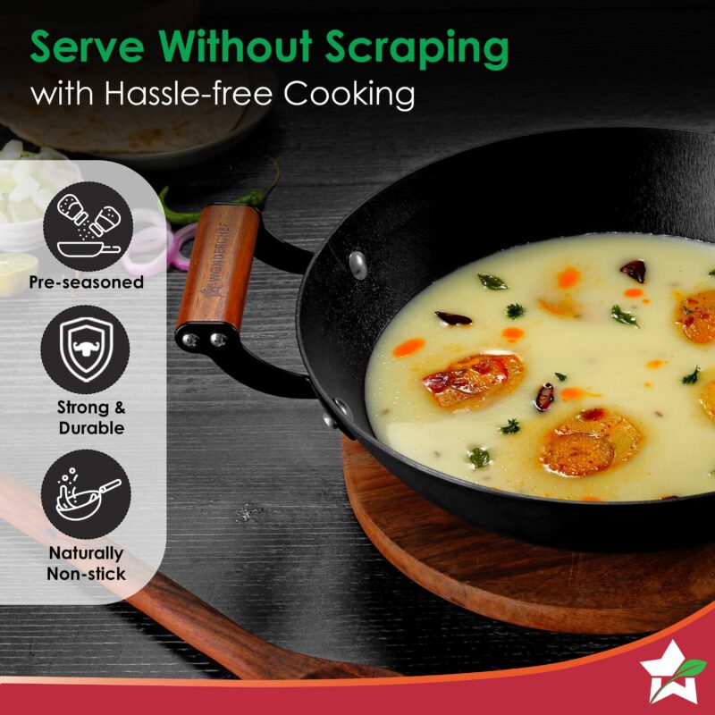 Pre-Seasoned Ferro Light 28cm Kadhai | 3.2L | Acacia Wooden Handles | Gravity Moulding Technology | No Chemical Coating |10 Year Warranty - Image 4