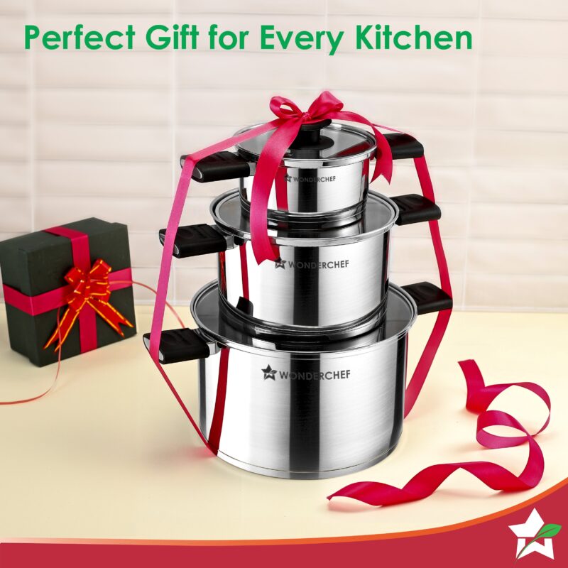 Click and Cook Stainless Steel Casserole 3 Pc Set | 6.5 L, 3.2 L, 1 L | Unique Foldable Cool-touch Handles | Tri-ply Bottom | Glass Lid with Steam Vent | Induction and Gas Cooktop Friendly - Image 7