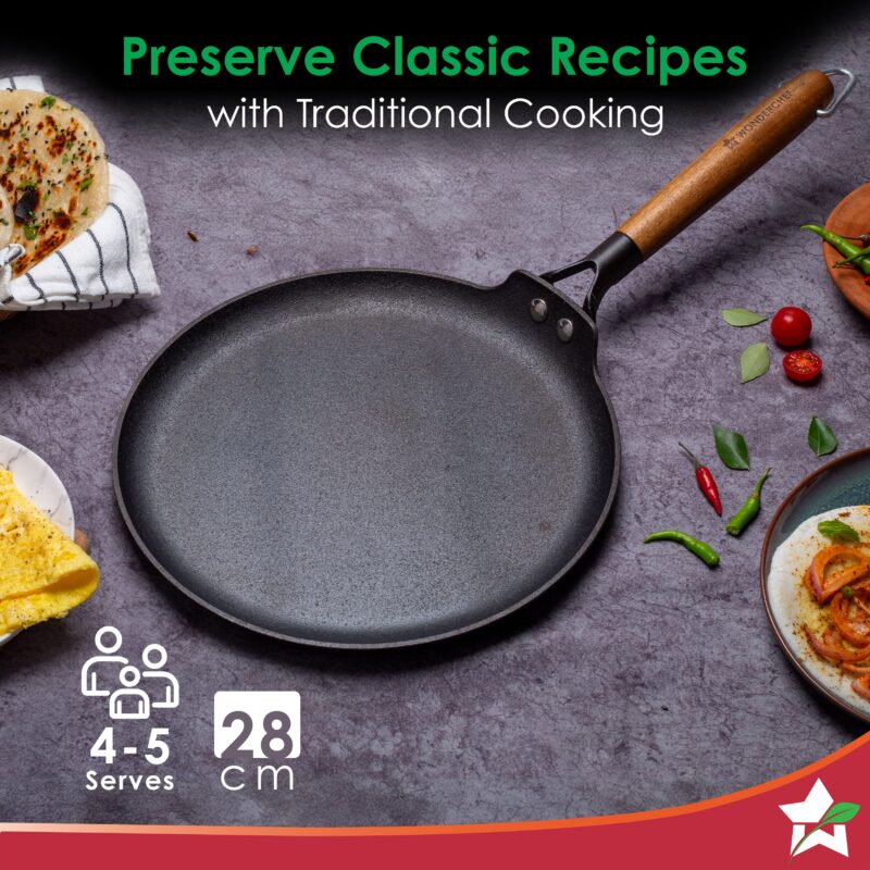 Pre-Seasoned Ferro Light 28cm Dosa Tawa | 4MM | Acacia Wooden Handles | Gravity Moulding Technology | No Chemical Coating |10 Year Warranty - Image 7