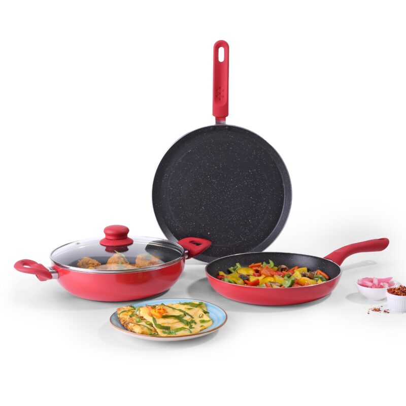 Milano Non-stick Cookware 4 Pc Set | Dosa Tawa, Fry Pan, Kadhai for cutlets, curries, dosas | PFOA Free | Virgin Aluminium | Energy Efficient | Dishwasher Safe | 2-year Warranty | Red&Black - Image 7