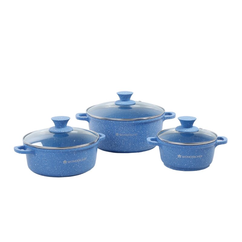 Granite Die-cast Non-stick Casserole Set, 6Pc (1150ML, 2000ML, 4500ML) With Lids, Induction Bottom, Soft Touch Handles, Pure Grade Aluminium, PFOA/Heavy Metal Free, 2 Years Warranty, Blue - Image 5
