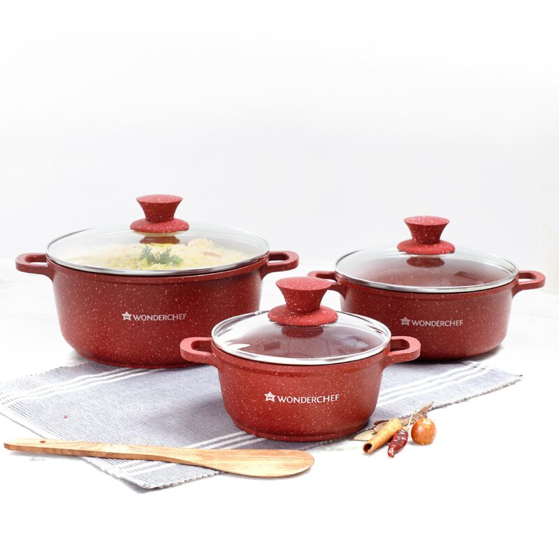 Granite Die-cast Non-stick Casserole Set, 6Pc (1150ML, 2000ML, 4500ML) With Lids, Induction Bottom, Soft Touch Handles, Pure Grade Aluminium, PFOA/Heavy Metal Free, 2 Years Warranty, Red - Image 5