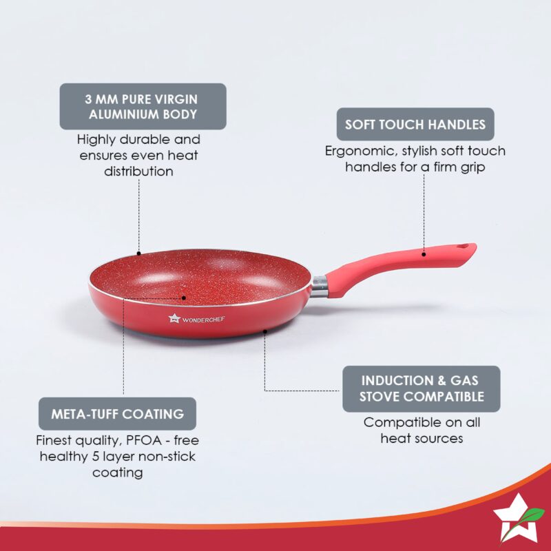Royal Velvet 24 cm Non-Stick Fry Pan | Induction Bottom | Soft-Touch Handle | Virgin Grade Aluminium | PFOA & Heavy Metals Free | 3 mm | 1.8 litres | 2 Years Warranty | Red - Image 2