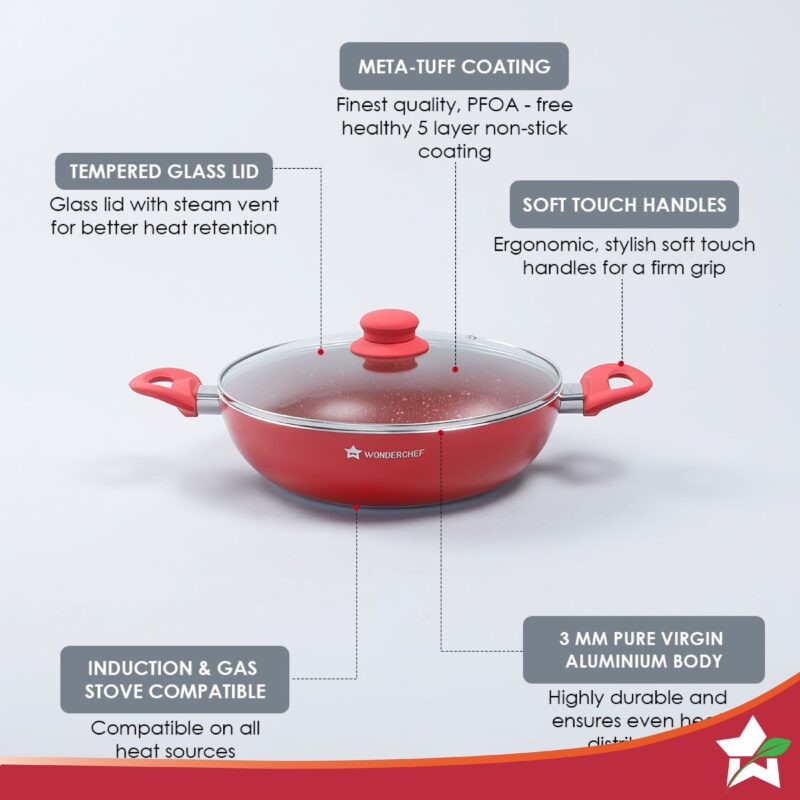 Royal Velvet 26 cm Non-Stick Kadhai with Lid | Induction Bottom | Soft-Touch Handle | Virgin Grade Aluminium |  PFOA and Heavy Metals Free| 3 mm Thickness | 3.2 litres | 2 Years Warranty | Red - Image 3