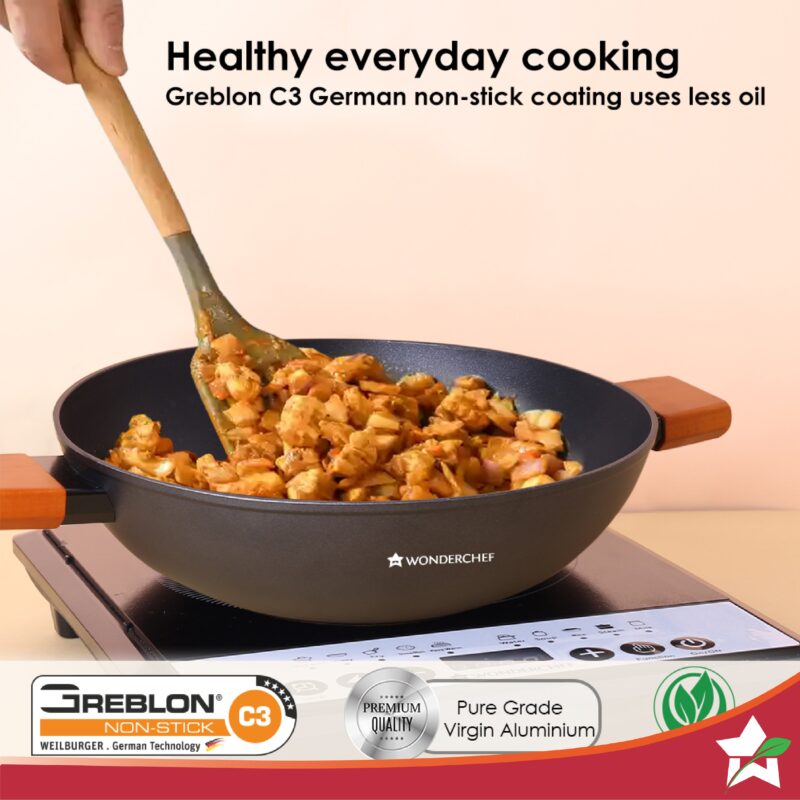 Caesar Forged Kadhai with Glass Lid, 28cm, Black, Greblon C3 Non-stick Coating, Virgin Aluminium, PFOA Free, German Beechwood Handles, Use for Frying, Cooking Rice/ Biryani, Gravies, Dals - Image 2