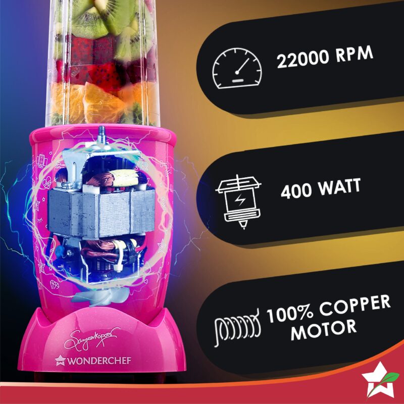 Wonderchef Renewed Nutri-blend GO, 22000 RPM 100% Full Copper Motor, 1 Unbreakable Jar, 400 W, 1 Year Warranty, Recipe book by Chef Sanjeev Kapoor, Pink - Image 2