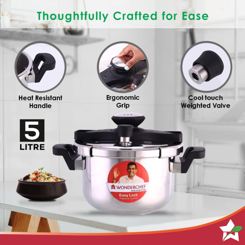 Wonderchef Renewed Easy Lock Stainless Steel 5L Outer Lid Pressure Cooker | Induction Compatible | Tri-Ply Bottom - Image 2