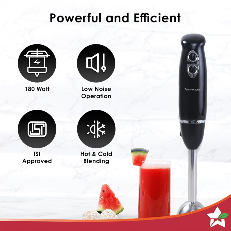 Prima Electric 180 W Hand Blender I Portable | Compact Easy Grip Body I Single Push Button Operation | Sharp Food Grade Anti Rust Stainless Steel Blades | Make Puree, Baby Food, Soup, Smoothie | Detachable Stainless Steel Shaft | 2 Years Warranty | Black - Image 2