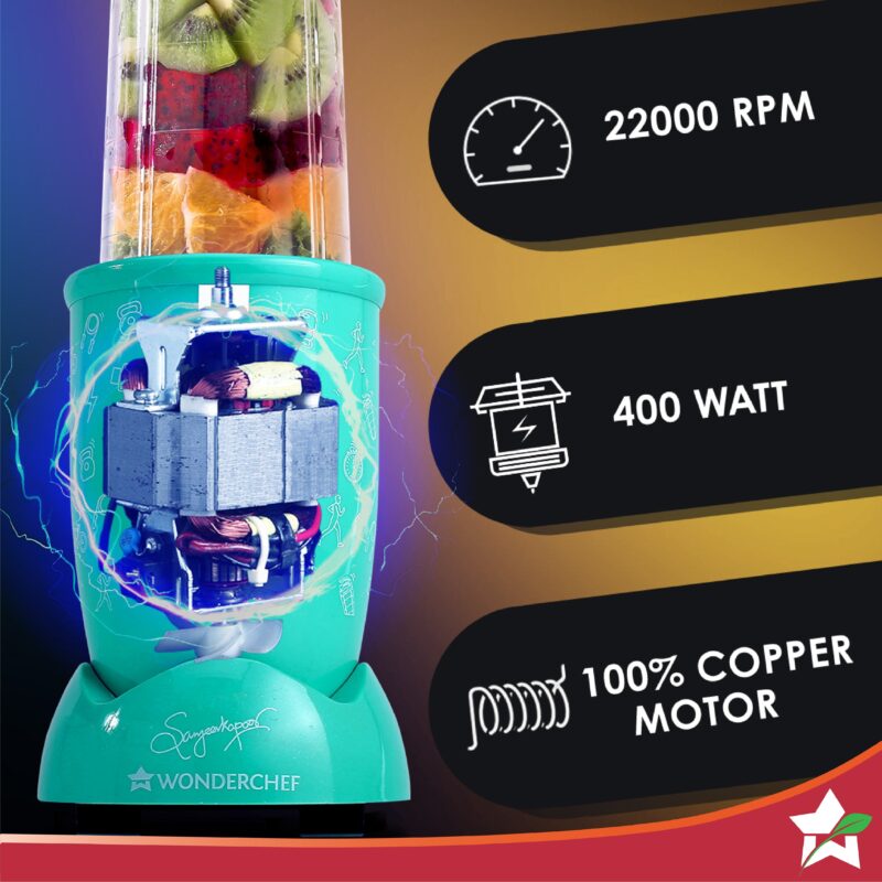 Nutri-blend GO, 22000 RPM 100% Full Copper Motor, 1 Unbreakable Jar, 400 W, 2 Years Warranty, Recipe book by Chef Sanjeev Kapoor, Mint - Image 2