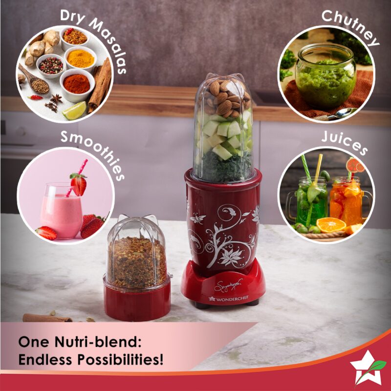 Nutri-blend, 500W, 22000 RPM 100% Full Copper Motor, Mixer-Grinder, Blender, SS Blades, 2 Unbreakable Jars, 2 Years warranty, Red, Recipe Book By Chef Sanjeev Kapoor - Image 2