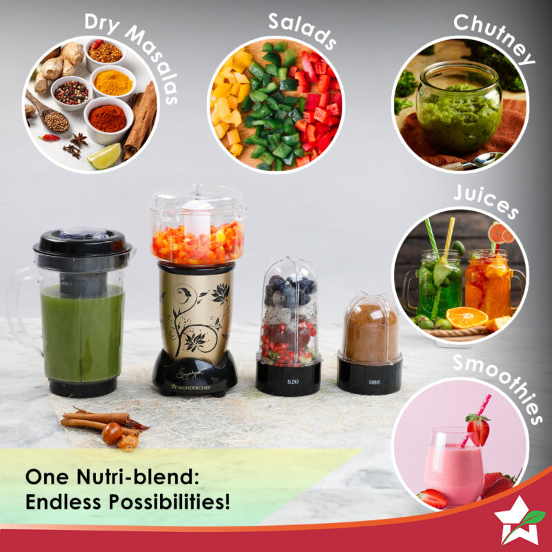 Nutri-blend Juicer, Mixer, Grinder, Smoothie Maker & Chopper | Complete Kitchen Machine | 22000 RPM Blender, Chopper, Juicer | 500W 100% Full Copper Motor | SS Blades | 4 Unbreakable Jars | 2 Years Warranty | Recipe Book By Chef Sanjeev Kapoor | Champagne - Image 2