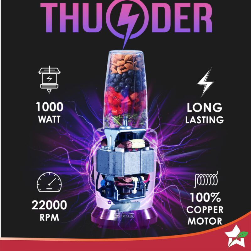 Nutri-blend Thunder Mixer, Grinder, Blender & Smoothie Maker | 1000W 22000 RPM 100% Full Copper Motor | SS 6-Blade Assembly | 2 Unbreakable Tritan Jars | 2 Years Warranty | Recipe Book By Chef Sanjeev Kapoor | Black Silver - Image 2