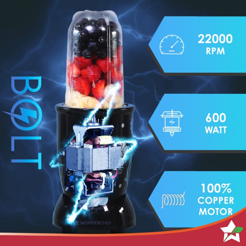 Nutri-blend BOLT Mixer, Grinder, Blender & Smoothie Maker | 600W 22000 RPM 100% Full Copper Motor | Stainless steel Blades | 2 unbreakable jars with Sipper lid | 2 Year warranty | Recipe book by Chef Sanjeev Kapoor | Black - Image 2