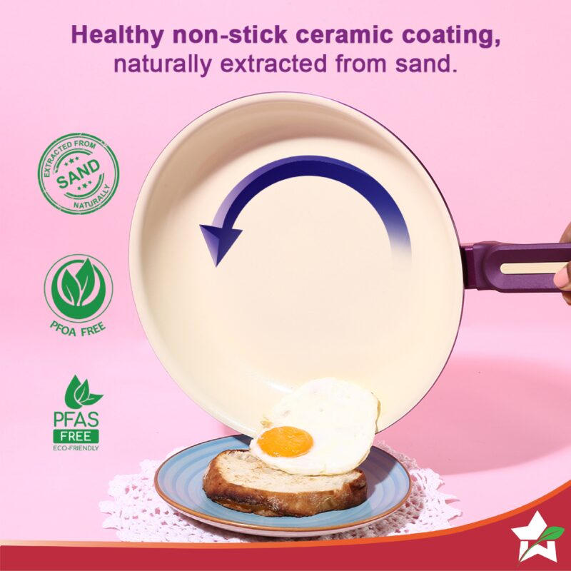 Bellagio Ceramic Non-stick 4 pc Cookware Set, Kadhai with Lid, Fry Pan & Dosa Tawa, Deep Purple, 2 Years Warranty - Image 2