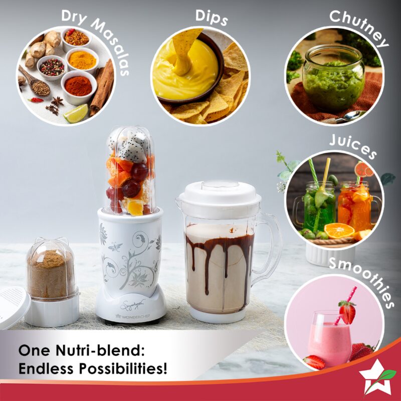 Nutri-blend Juicer, Mixer, Grinder, Blender & Smoothie Maker | 400W 22000 RPM 100% Full Copper Motor | Stainless steel Blades | 3 unbreakable jars | 2 Years warranty | Recipe book by Chef Sanjeev Kapoor | White - Image 2