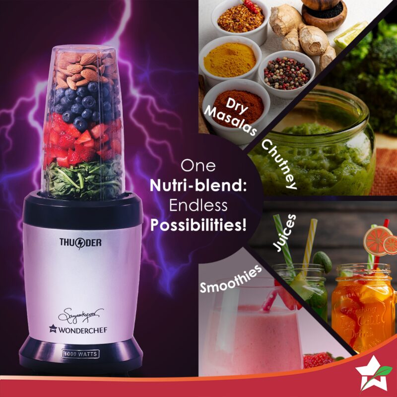 Nutri-blend Thunder Mixer, Grinder, Blender & Smoothie Maker | 1000W 22000 RPM 100% Full Copper Motor | SS 6-Blade Assembly | 2 Unbreakable Tritan Jars | 2 Years Warranty | Recipe Book By Chef Sanjeev Kapoor | Black Silver - Image 3