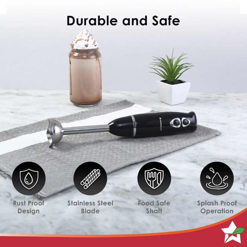 Prima Electric 180 W Hand Blender I Portable | Compact Easy Grip Body I Single Push Button Operation | Sharp Food Grade Anti Rust Stainless Steel Blades | Make Puree, Baby Food, Soup, Smoothie | Detachable Stainless Steel Shaft | 2 Years Warranty | Black - Image 3