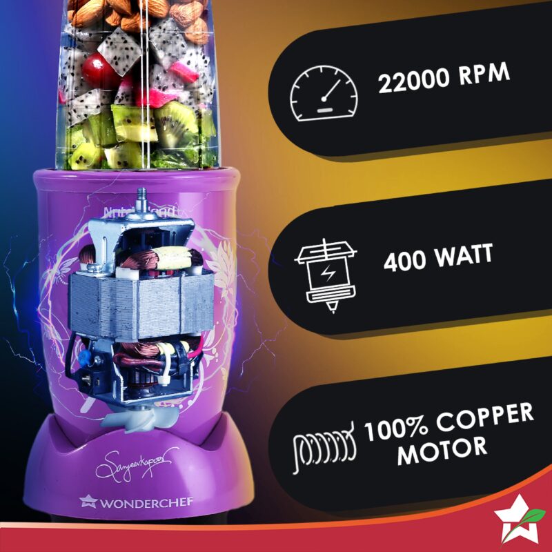 Nutri Blend Orchid, 22000 RPM 100% Full Copper Motor, 2 Unbreakable Jars, 400 W, 2 Years Warranty, Recipe book by Chef Sanjeev Kapoor, Orchid - Image 4