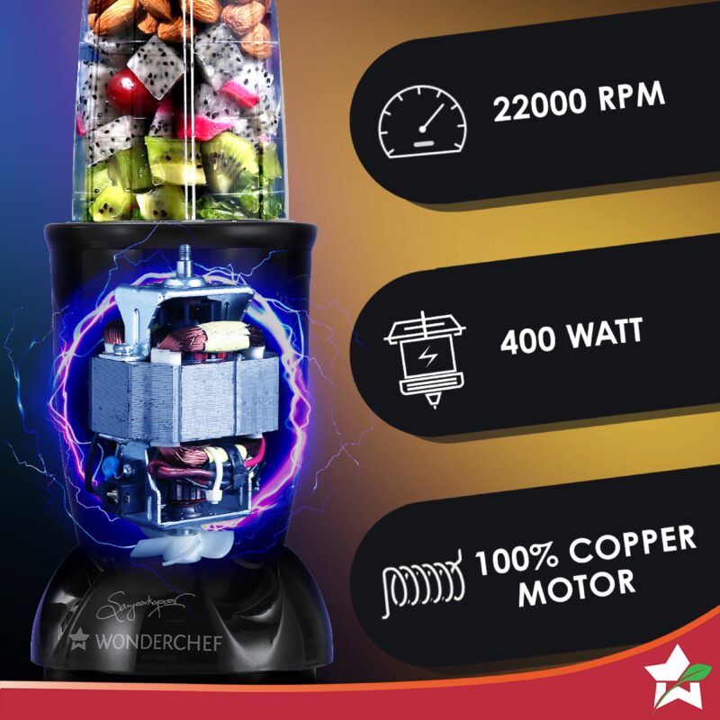 Wonderchef Renewed Nutri-blend Juicer, Mixer, Grinder, Smoothie Maker & Chopper CKM | 22000 RPM Blender, Chopper, Juicer | 400W | 100% Full Copper Motor | SS Blades | 4 Unbreakable Jars - Image 4