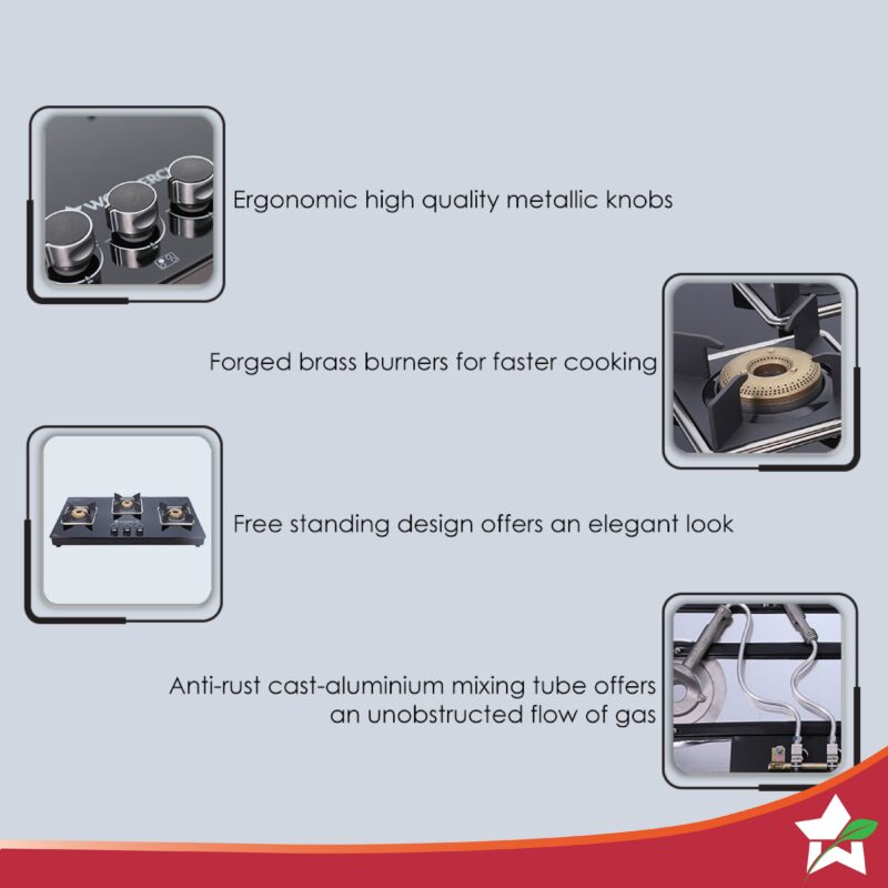 Octavia 3 Burner Glass Hob Top Manual Cooktop | 8mm Toughened Glass | Manual Ignition | Forged Brass Burners | Stainless Steel Drip Tray | Anti-Skid Legs | Large & Heavy Pan support | LPG compatible | Black steel frame | 2 Year Warranty | Black - Image 3