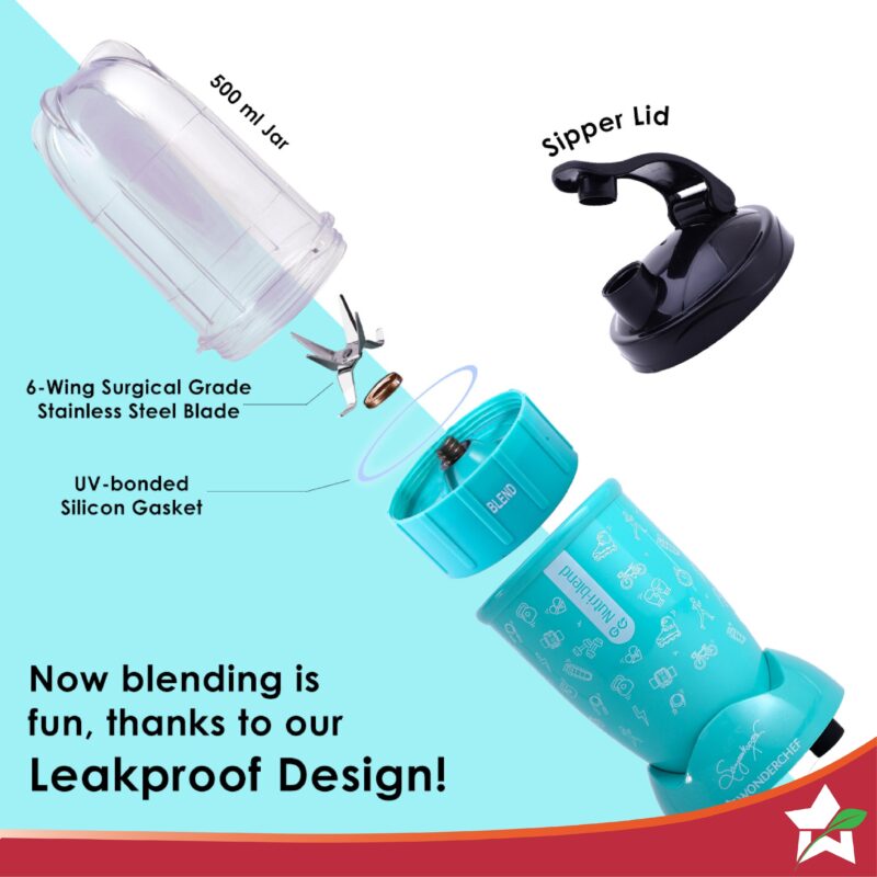 Nutri-blend GO, 22000 RPM 100% Full Copper Motor, 1 Unbreakable Jar, 400 W, 2 Years Warranty, Recipe book by Chef Sanjeev Kapoor, Mint - Image 3