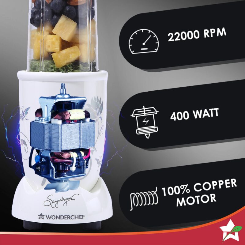 Nutri-blend Juicer, Mixer, Grinder, Blender & Smoothie Maker | 400W 22000 RPM 100% Full Copper Motor | Stainless steel Blades | 3 unbreakable jars | 2 Years warranty | Recipe book by Chef Sanjeev Kapoor | White - Image 3