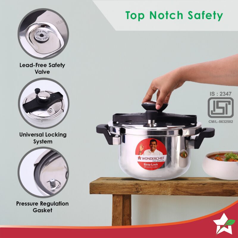 Wonderchef Renewed Easy Lock Stainless Steel 5L Outer Lid Pressure Cooker | Induction Compatible | Tri-Ply Bottom - Image 3