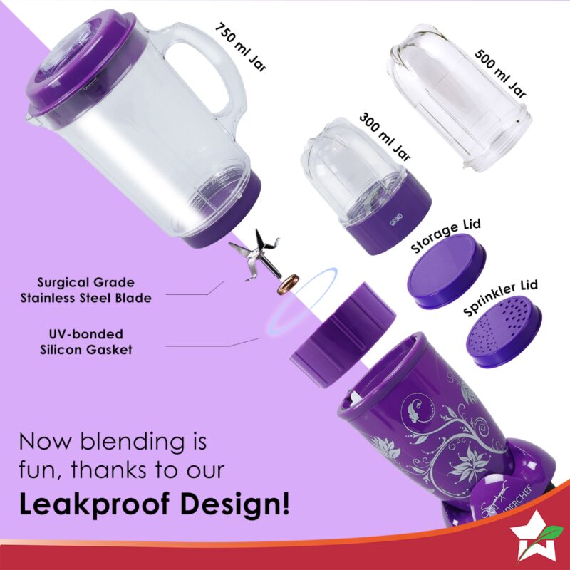 Nutri-blend Juicer, Mixer, Grinder, Blender & Smoothie Maker | 500W 22000 RPM 100% Full Copper Motor | Stainless steel Blades | 3 unbreakable jars | 2 Years warranty | Recipe book by Chef Sanjeev Kapoor | Purple - Image 3