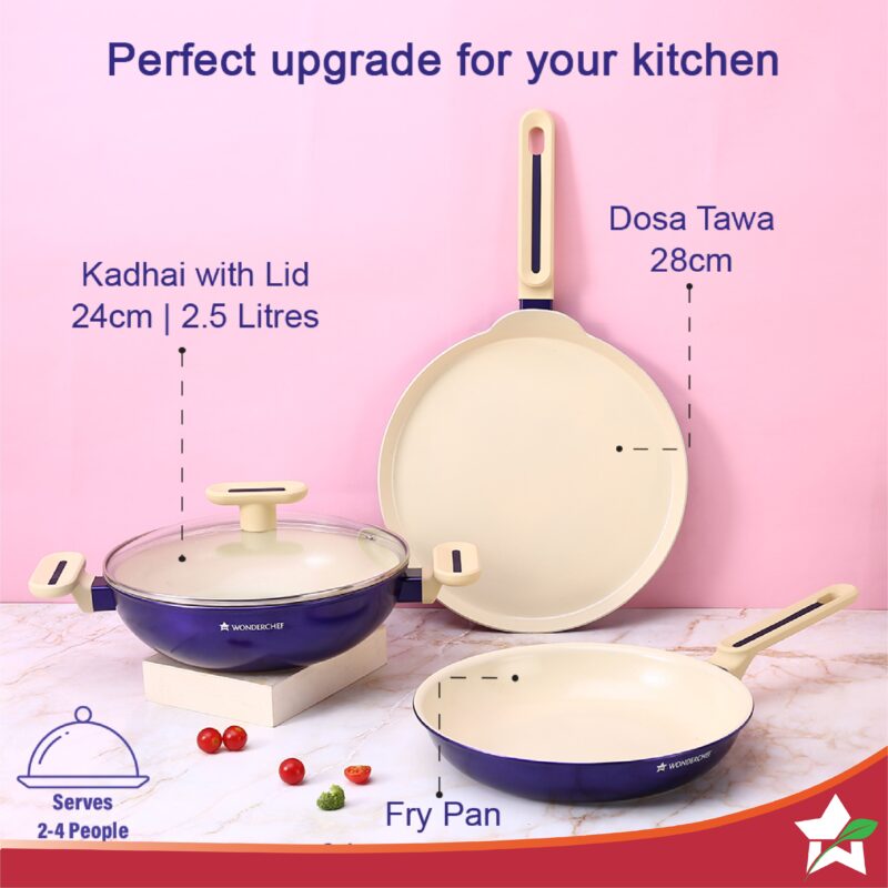 Bellagio Ceramic Non-stick 4 pc Cookware Set, Kadhai with Lid, Fry Pan & Dosa Tawa, Electric Blue, 2 Years Warranty - Image 4