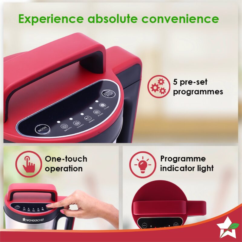 NEO Automatic Soup Maker | 1.0 Litre | 800W Heater | SS Blades & Bowl (Jug) | Soup in just 20 mins | 2 Years Warranty | Red & Black - Image 4