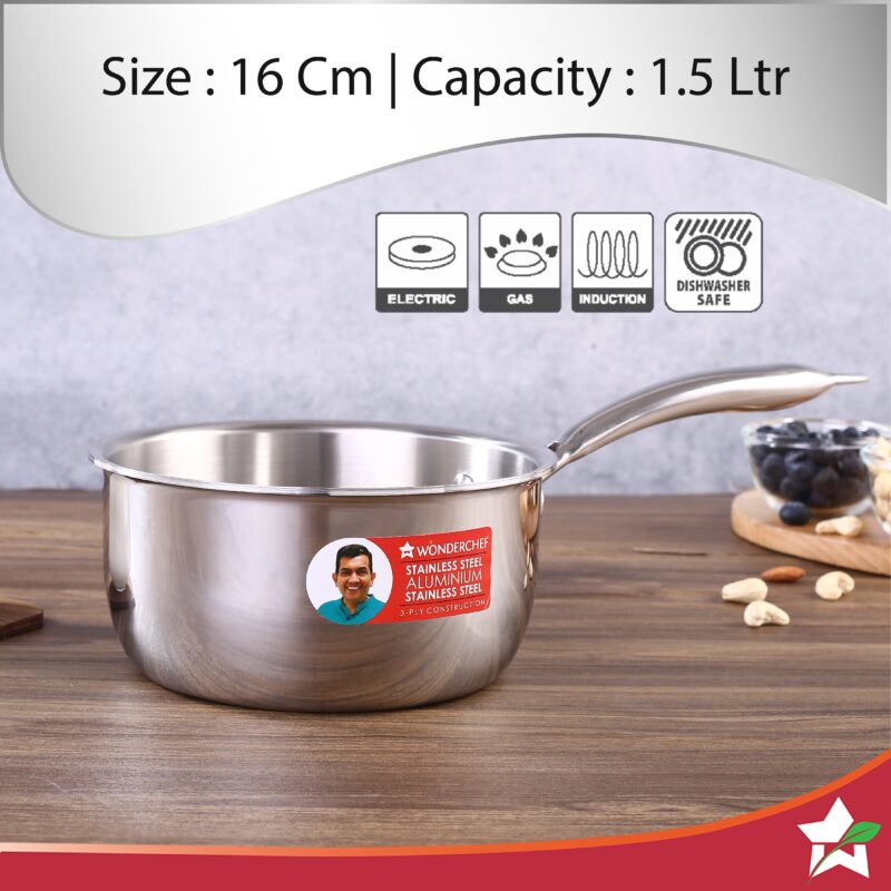 Nigella Tri-ply Stainless Steel 16 cm Sauce Pan | 1.5 Liters | 2.6mm Thickness | Silver - Image 5