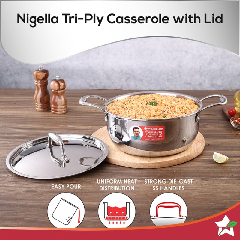 Nigella Tri-Ply Stainless Steel 22 cm Casserole | 3.2 Litres | 2.6mm Thickness | Induction base | Compatible with all cooktops | Riveted Cool-Touch Handle | 10 Year Warranty - Image 4