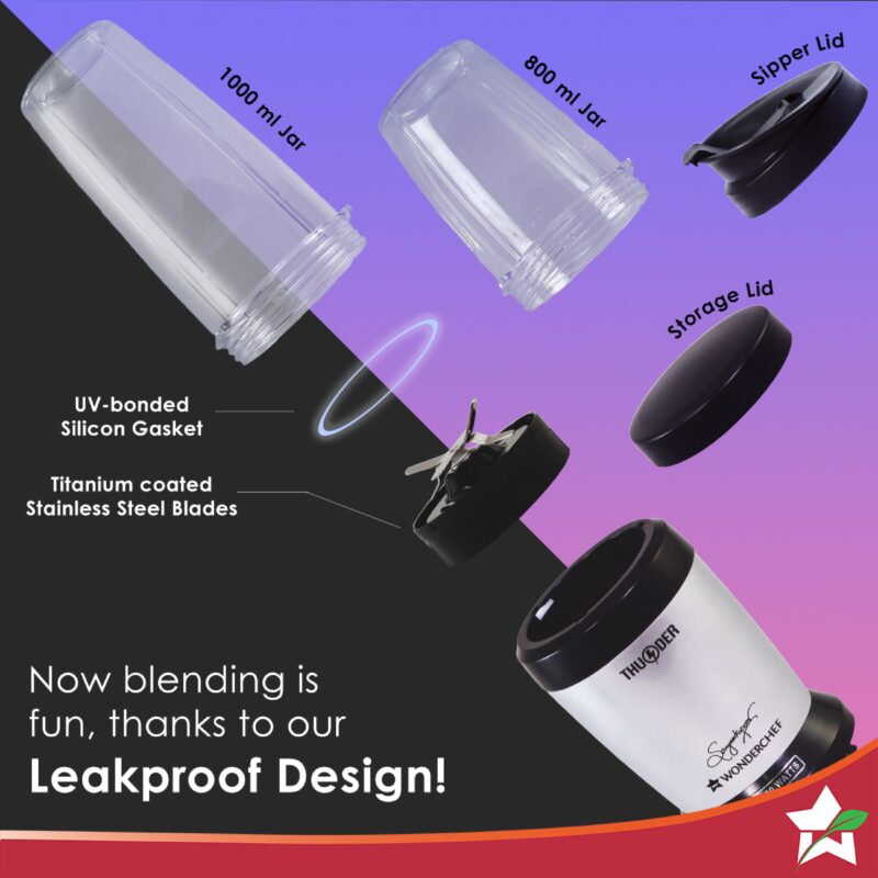 Nutri-blend Thunder Mixer, Grinder, Blender & Smoothie Maker | 1000W 22000 RPM 100% Full Copper Motor | SS 6-Blade Assembly | 2 Unbreakable Tritan Jars | 2 Years Warranty | Recipe Book By Chef Sanjeev Kapoor | Black Silver - Image 4