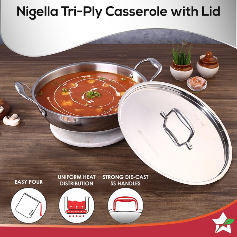 Nigella Tri-ply Stainless Steel 24 cm Kadhai with Lid | 2.2 Litres | 2.6mm Thickness | Kadhai with Induction base | Compatible with all cooktops | Riveted Cool-Touch Handle | 10 Year Warranty - Image 5