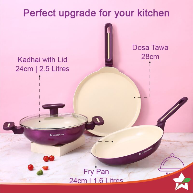 Bellagio Ceramic Non-stick 4 pc Cookware Set, Kadhai with Lid, Fry Pan & Dosa Tawa, Deep Purple, 2 Years Warranty - Image 4