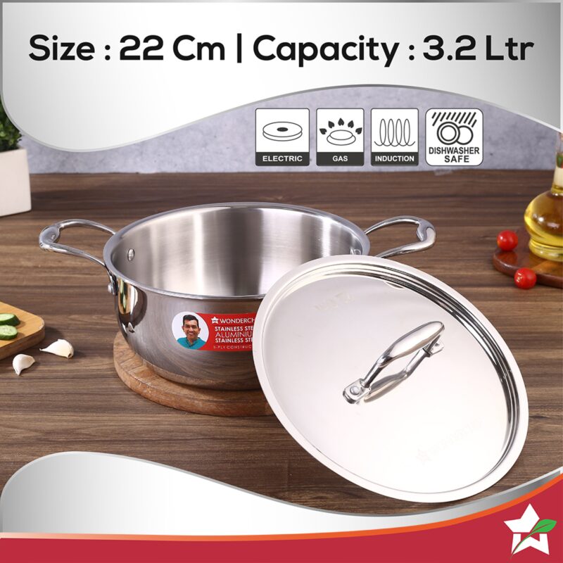 Nigella Tri-Ply Stainless Steel 22 cm Casserole | 3.2 Litres | 2.6mm Thickness | Induction base | Compatible with all cooktops | Riveted Cool-Touch Handle | 10 Year Warranty - Image 5