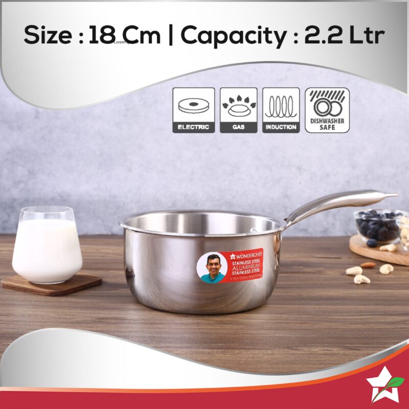 Nigella Tri-Ply 18 cm Sauce Pan | 2.2 Liters | 2.5 mm Thickness | Silver | 10 Years Warranty - Image 5