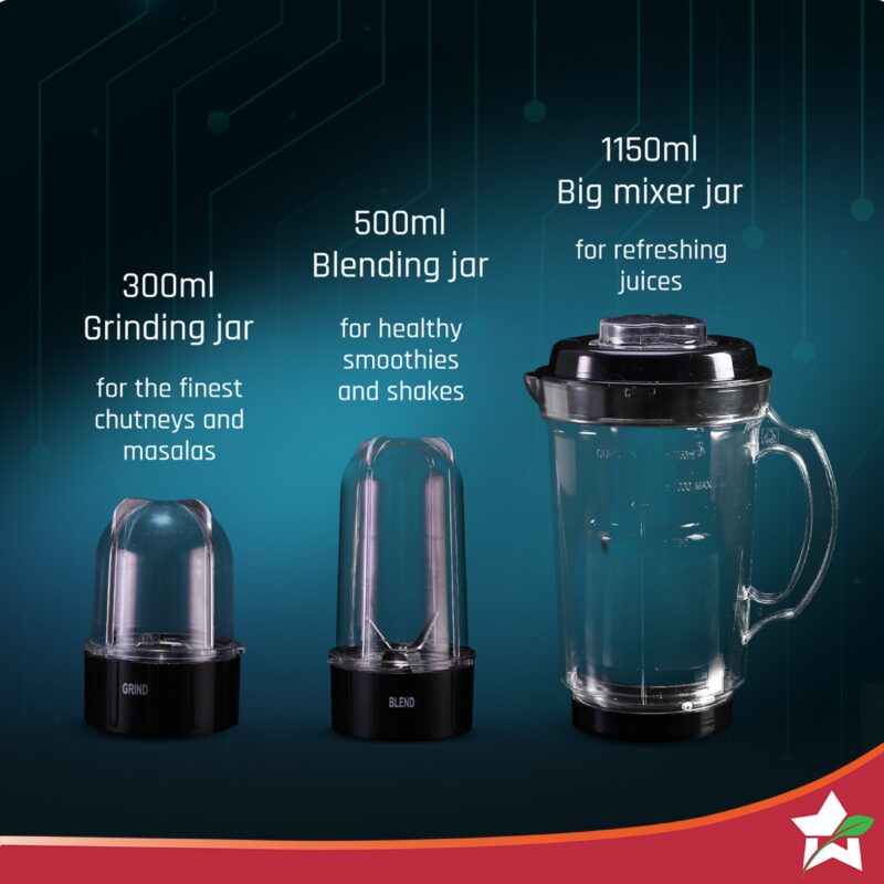 Nutri Blend Smart 3 Jar Automatic Mixer Grinder with Dual Pulse Function|22000 RPM|100% Full Copper Motor|2 Unbreakable Jars|500 W|2 Years Warranty|Recipe book by Chef Sanjeev Kapoor| Black - Image 8
